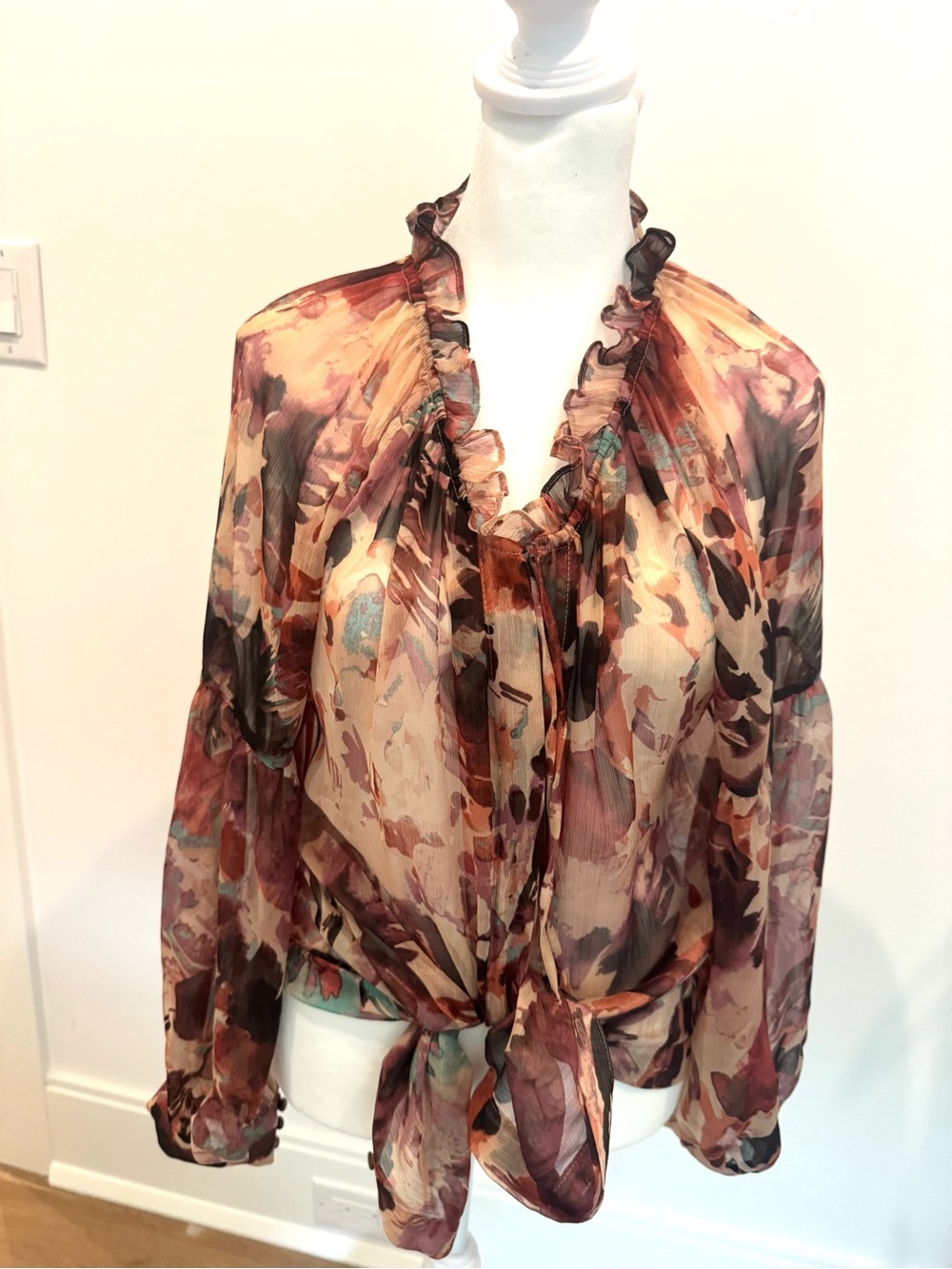 Misa Los Angeles Sheer Floral Ruffle Tie-Front Blouse - floral - size Small